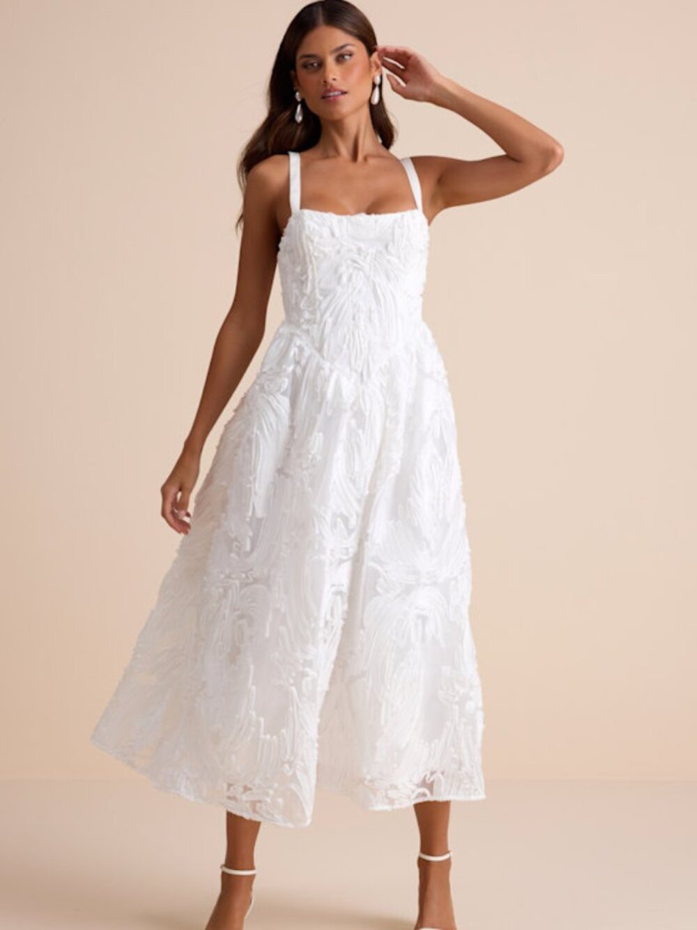 Lulus Perkins White Textured Lace-up Corset Midi Dress - Size S